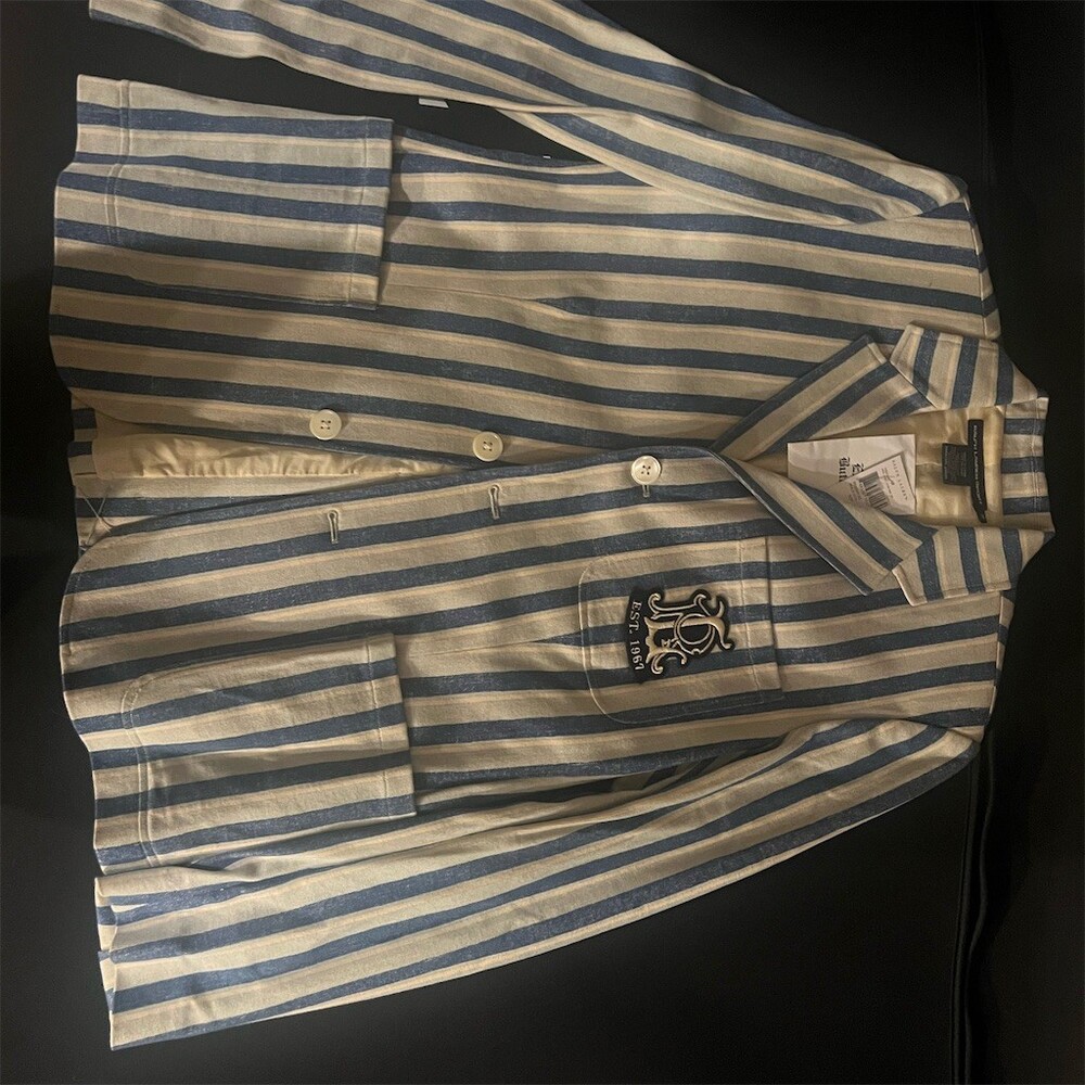 Ralph Lauren Sport Blazer Jacket Womens Size 12 Blue Tan Striped Crest